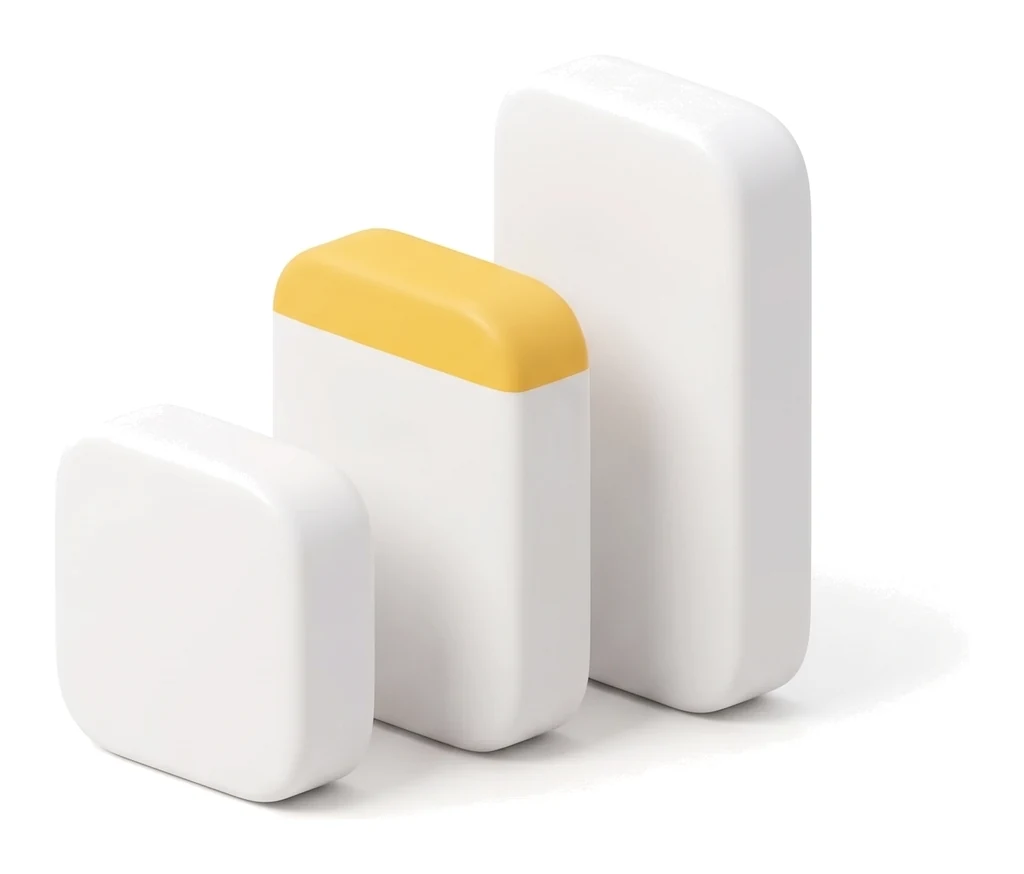 Three soft 3D clay blocks rising in height, the middle one topped in yellow, standing for the three plans.