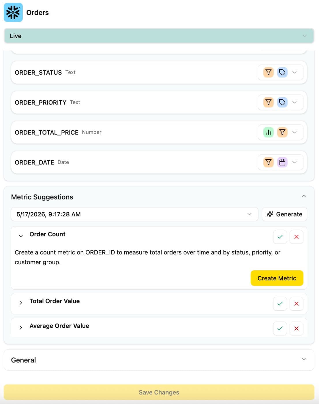 Metric suggestions from dataset schema