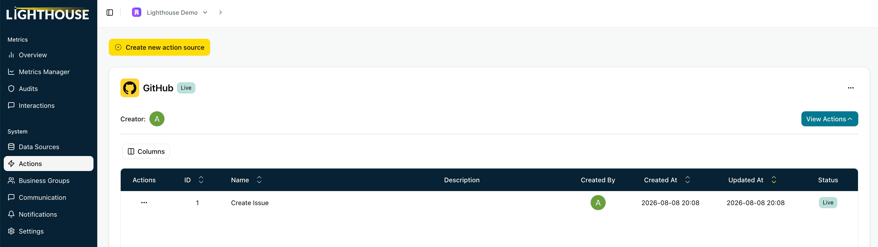 Action sources with a GitHub Create Issue action
